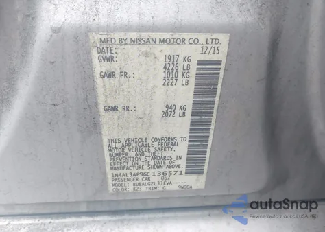 2016 Nissan Altima 2.5/2.5 S/2.5 Sl/2.5 Sr/2.5 Sv из США, поврежденный, VIN 1N4AL3AP9GC136571